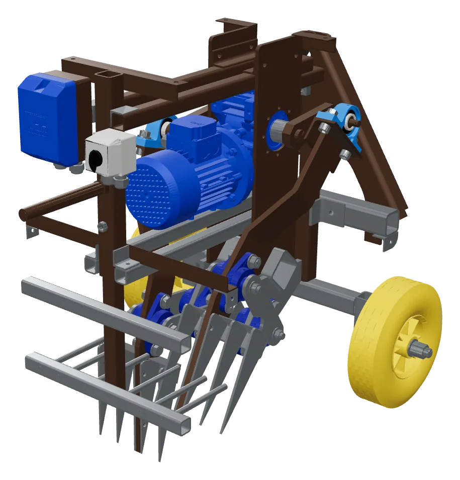 3D model ľahkého rýľovacieho stroja: motor s prevodovkou, rýľovacie hroty a kolesá