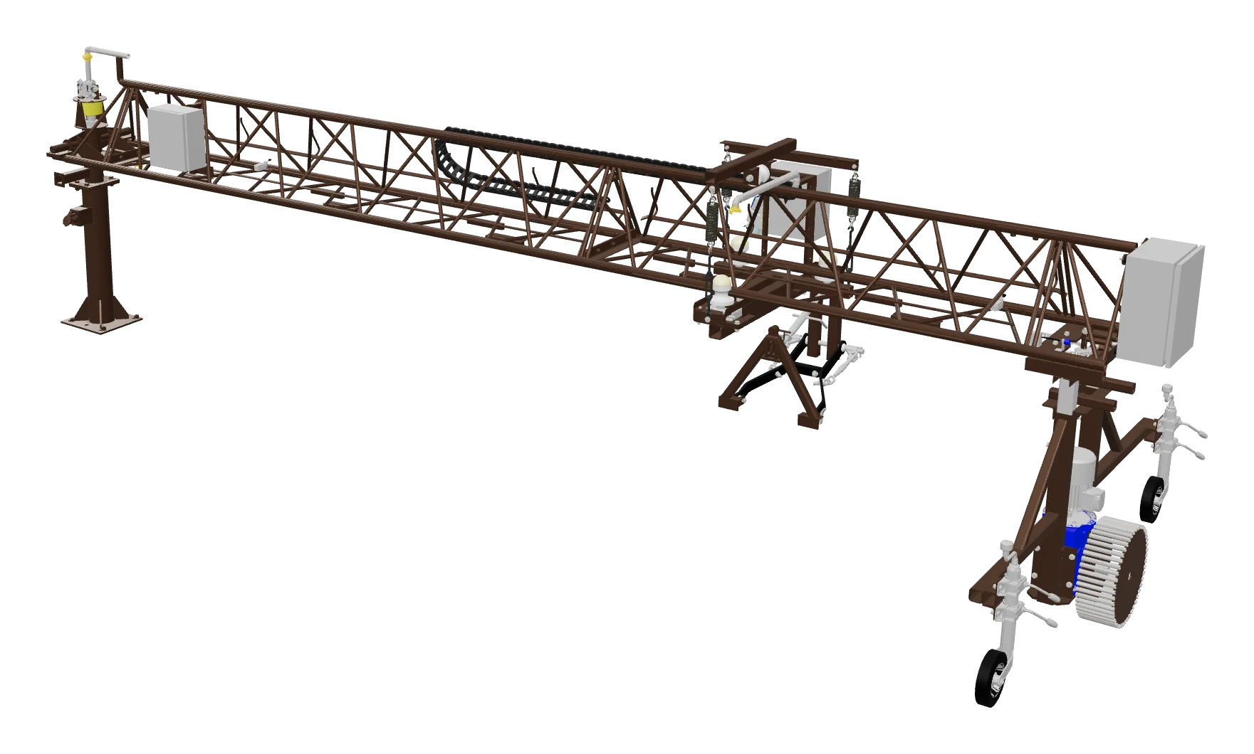 3D model ramena Agrokruh: stredový stĺp, otočné rameno, nosič nástroja a pohonná jednotka s kolesom